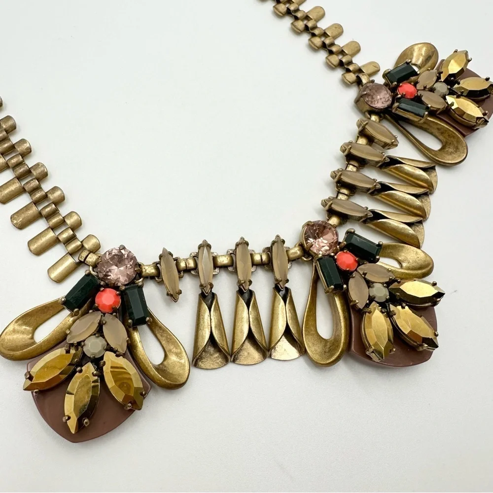 J. Crew Mixed Media Necklace Geometric Bee Antique Brass Crystal Taupe Peach